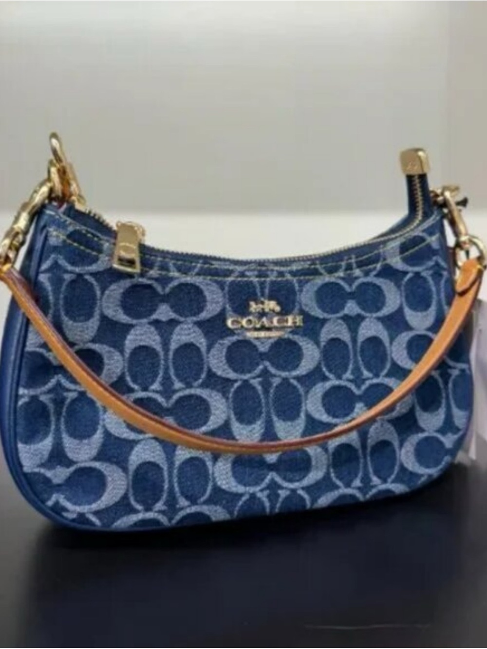 Coach Blue Signature Jacquard Shoulder Bag with Tan Strap